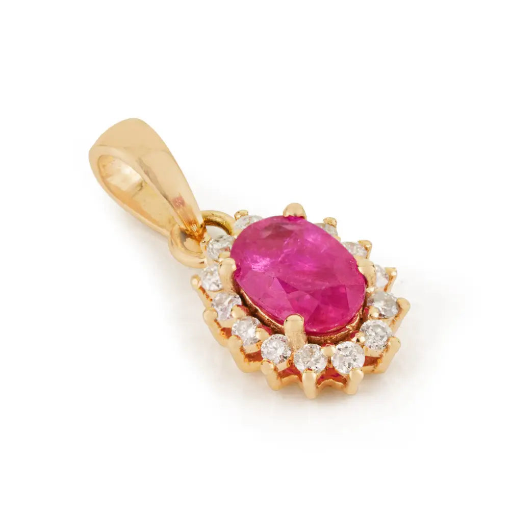 July Birthstone Real Ruby & Diamond 14K Yellow Gold Cluster Pendant Anniversary Gift