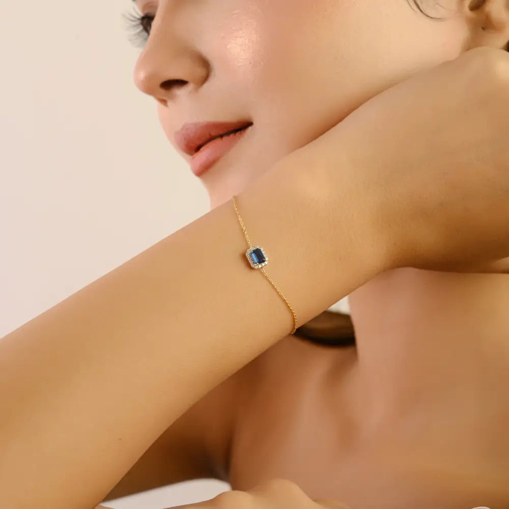New Trendy 14K Yellow Gold Blue Sapphire & Diamond Solitaire Halo Bracelet Stacking Jewelry