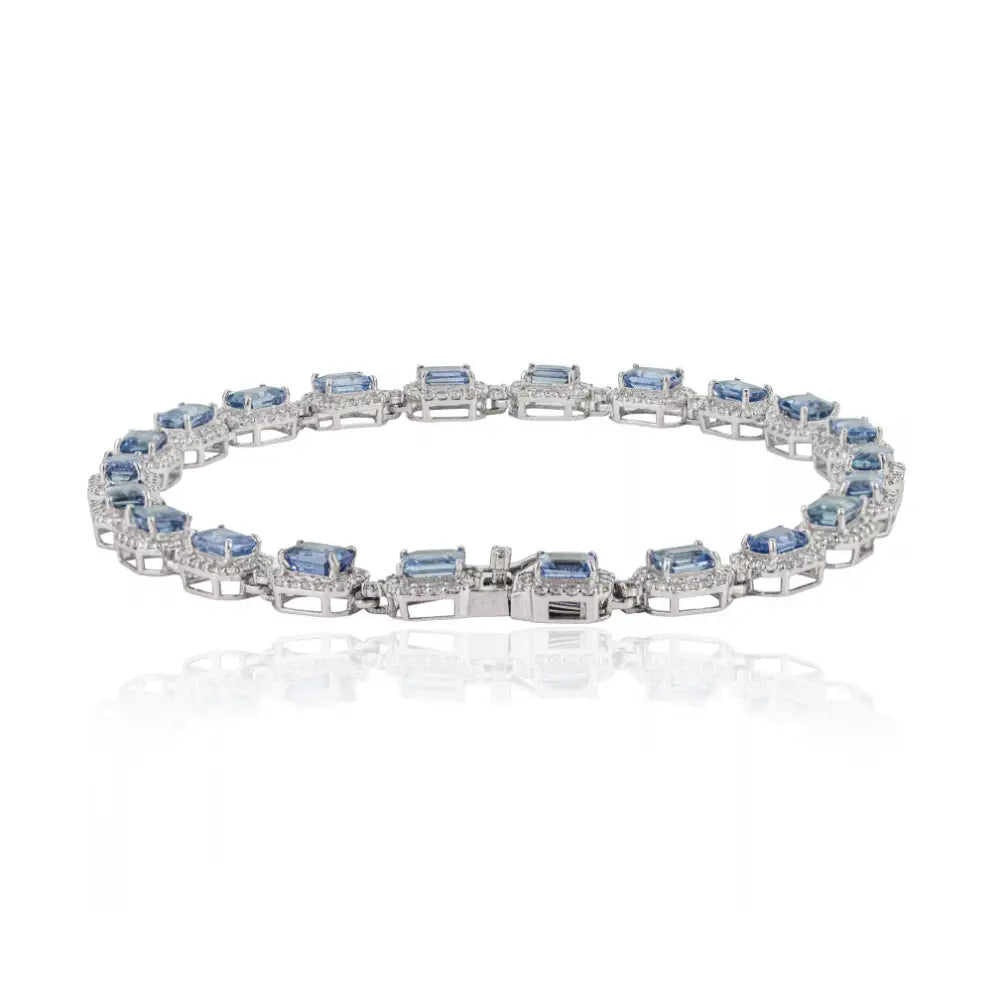 4x3mm Octagon Cut Blue Sapphire & Diamond Halo Tennis Bracelet Real K14 White Gold Jewelry
