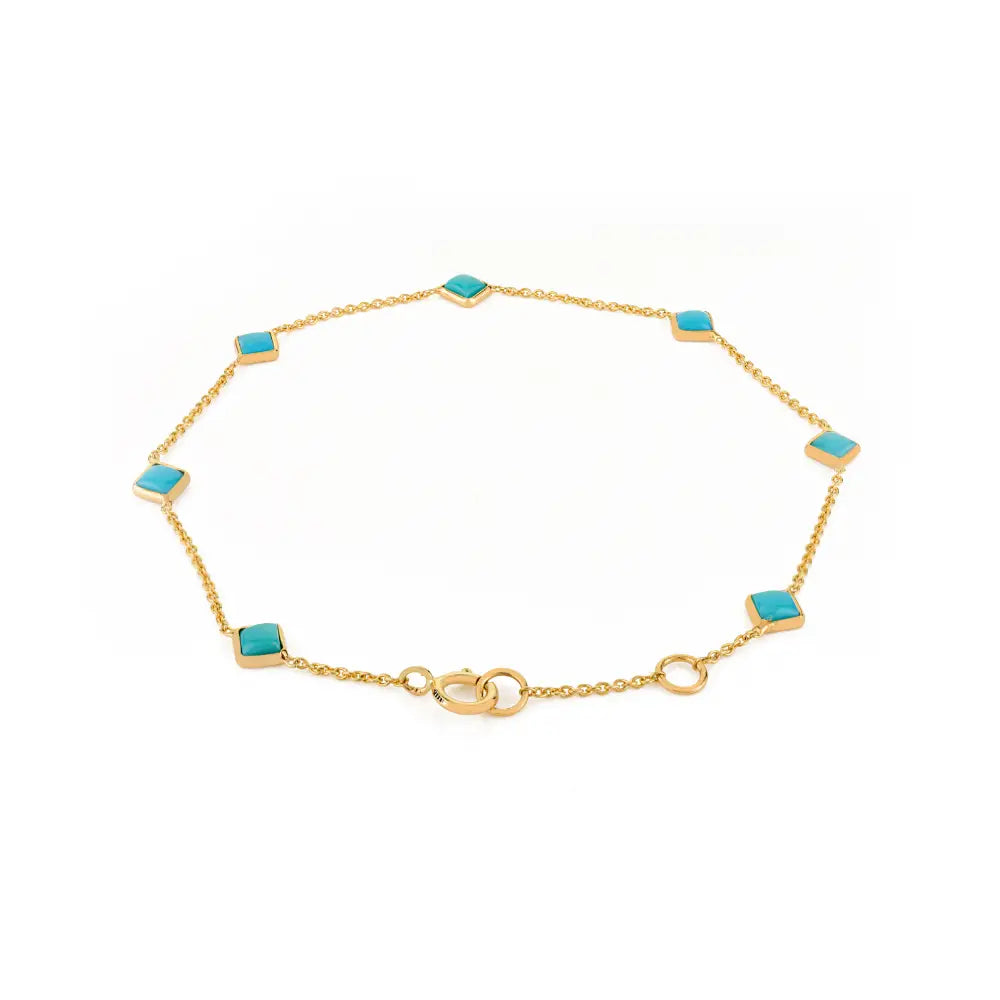 Square Cut Turquoise Gemstone Dainty Station Bracelet Real K14 Yellow Gold Minimal Jewelry