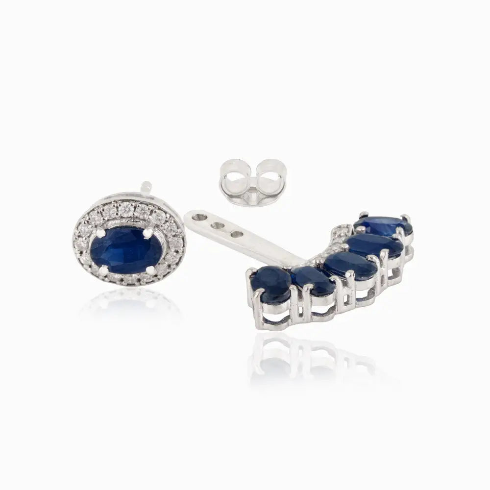 14K White Gold Blue Sapphire & Diamond Curved Shape Convertible Stud to Drop Earrings