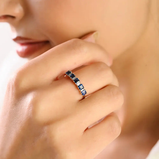 Square Shape Blue Sapphire & Baguette Cut Diamond Stacking Half Eternity Band Ring 14K Gold