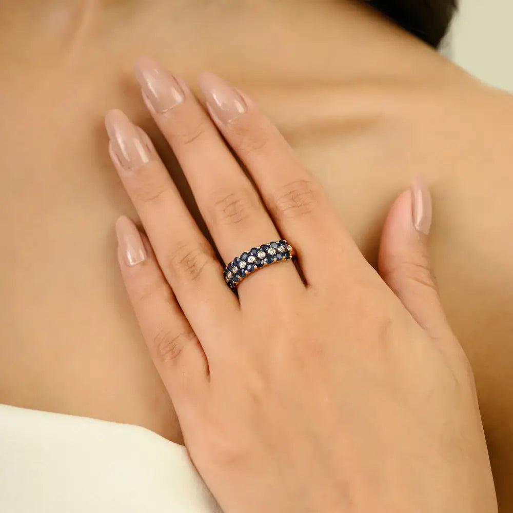 Beautiful Handmade Blue Sapphire & Diamond 14K Real Yellow Gold Wedding Band Ring