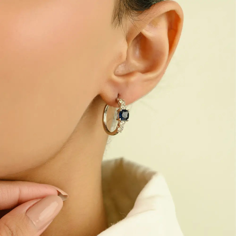 Cushion Shape Blue Sapphire & Diamond Fine Women Hoop Earrings 14K Real White Gold Jewelry