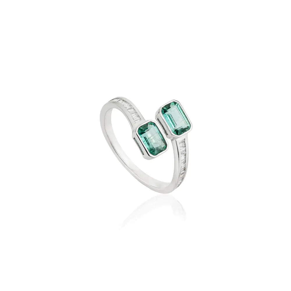 Bezel Set Emerald & Diamond Latest Design Bypass Ring K14 White Gold Fine Custom Jewelry