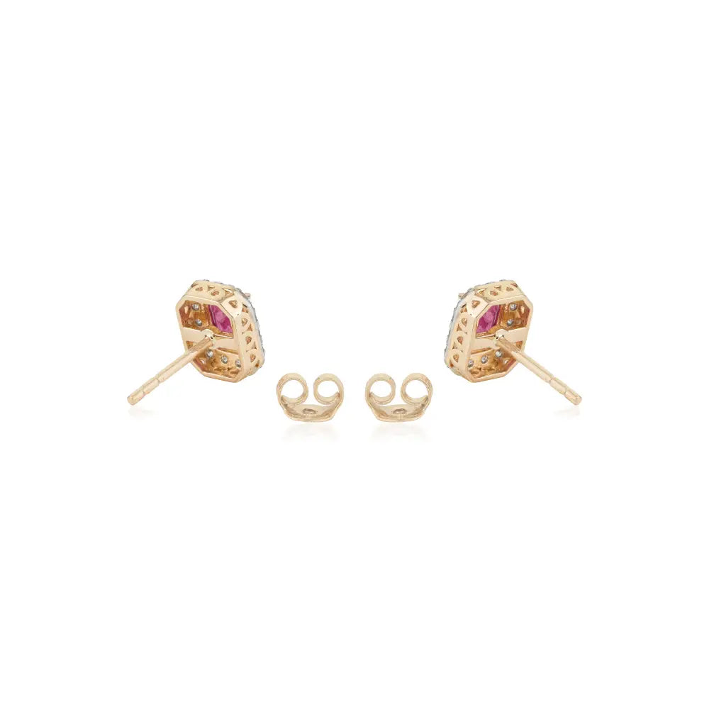 Prong Set Ruby & Diamond Simple Design K14 Yellow Gold Halo Stud Earrings Women's Gift