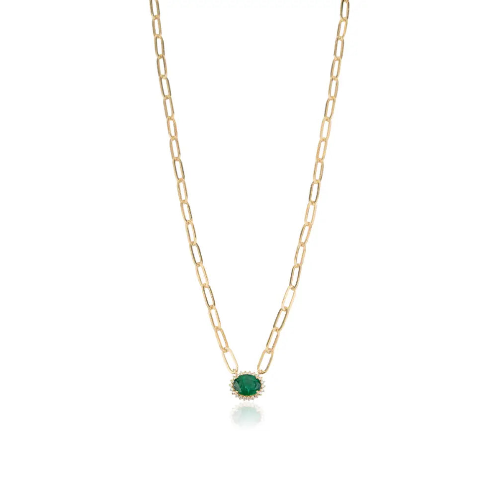 7x9 mm Oval Cut Emerald & Diamond 14K Real Gold Paperclip Chain Solitaire Cluster Pendant Necklace