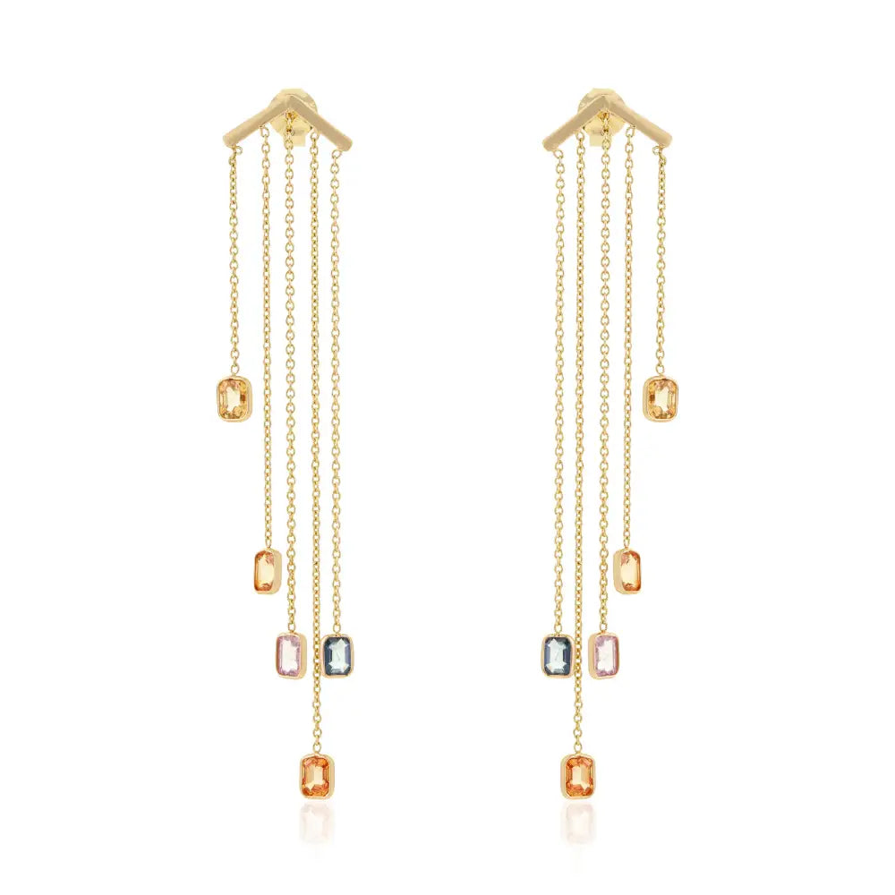 Unique Design Rainbow Sapphire Multi Chain Dangle Earrings Solid 14K Yellow Gold Jewelry