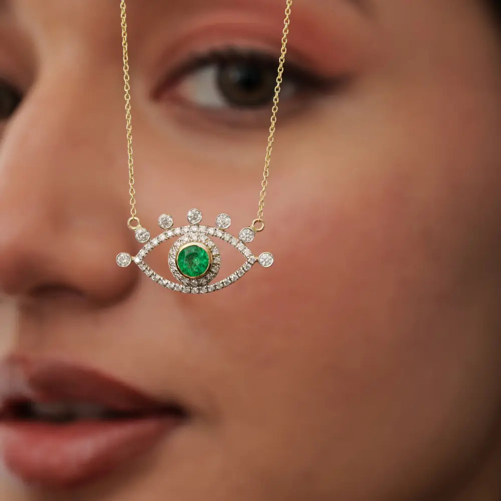 Unique Design Emerald & Diamond Evil Eye Pendant Necklace Fine 14K Yellow Gold Jewelry