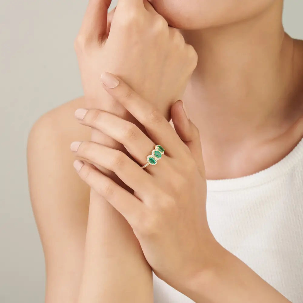 Oval Shape Emerald & Round Cut Diamond Three Stone Ring Fine 14K Solid Yellow Gold Jewelry