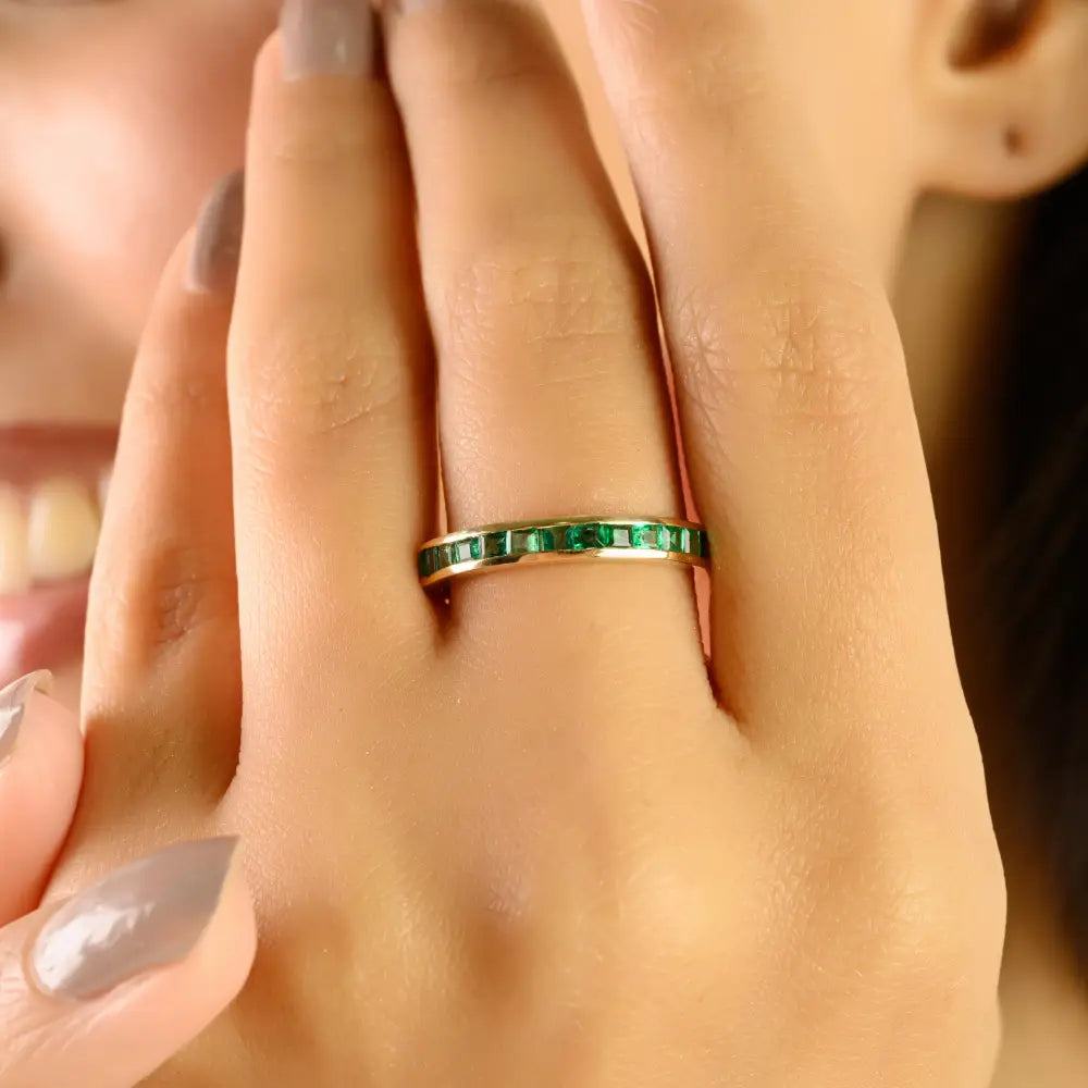 Elegant Design Zambian Emerald Stackable Half Band Ring 14K Yellow Gold Fine Jewelry