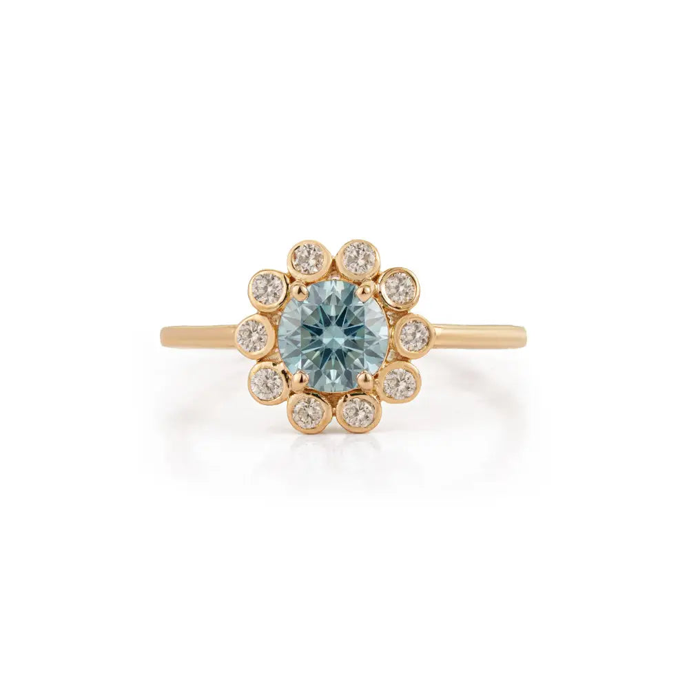 Round Cut Aquamarine & Diamond 14K Yellow Gold Floral Cluster Ring Customized Jewelry
