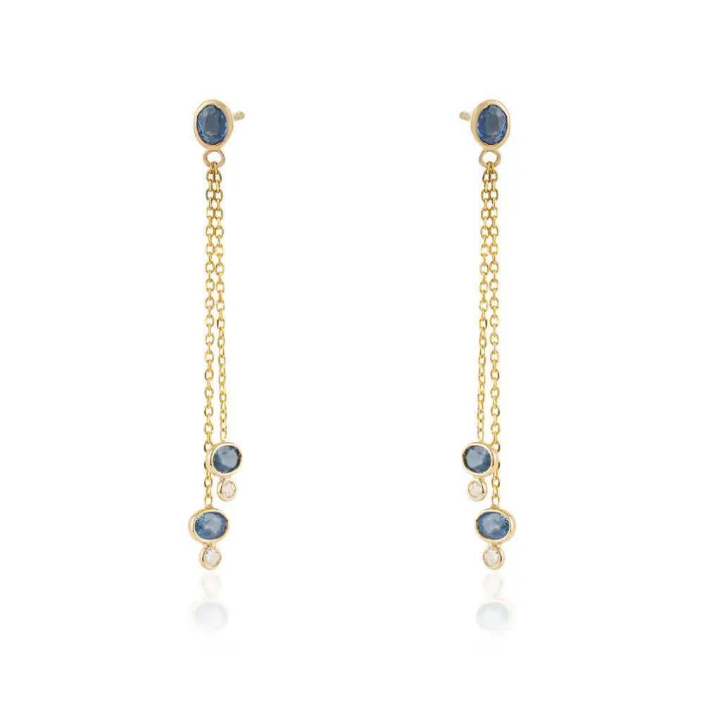 Delicate Design K18 Yellow Gold Blue Sapphire & Diamond Double Link Chain Dangle Earrings