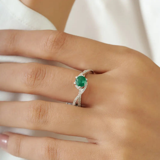 Zambian Emerald & Diamond Curve Band Engagement Ring Stackable 18K White Gold Jewelry
