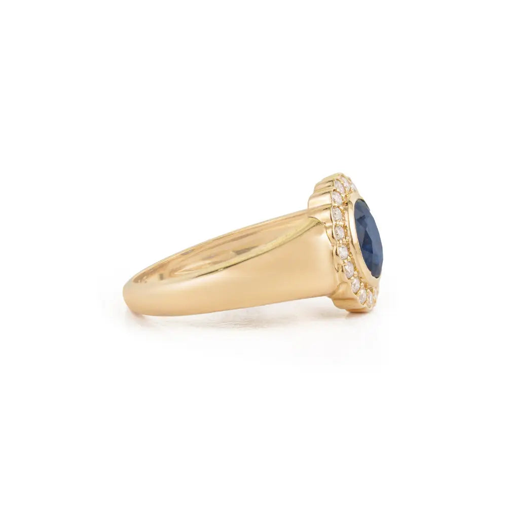 14K Solid Yellow Gold Blue Sapphire & Diamond Halo Signet Ring For Men's Wedding Jewelry