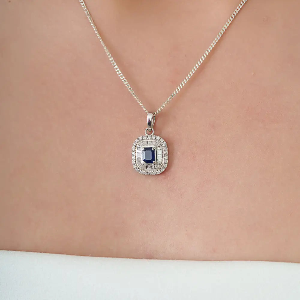 Real Blue Sapphire & Diamond 14K Pure White Gold Double Cluster Pendant For Wedding