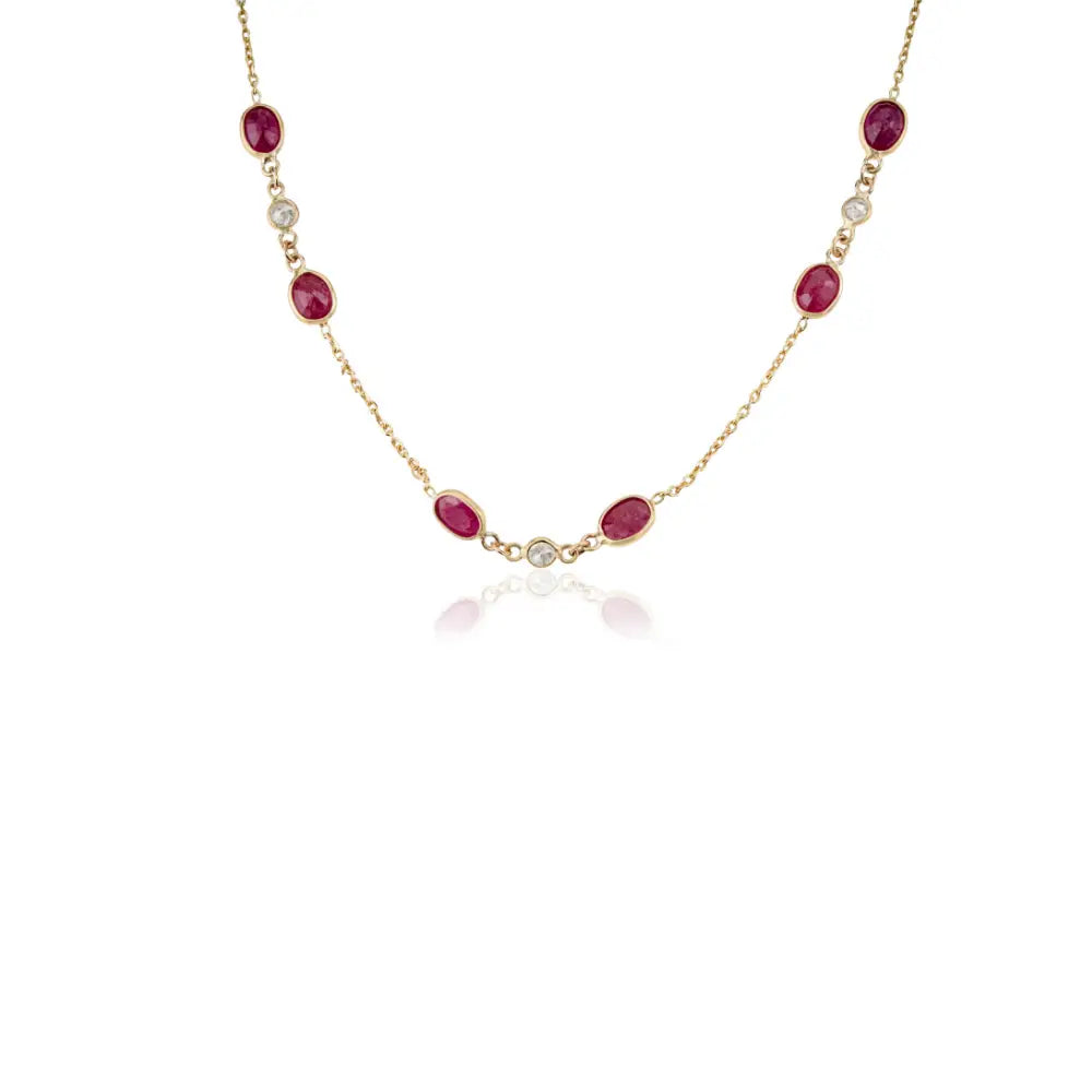 14K Solid Yellow Gold Ruby & Diamond Dainty Station Chain Necklace Mother's Day Gift Jewelry