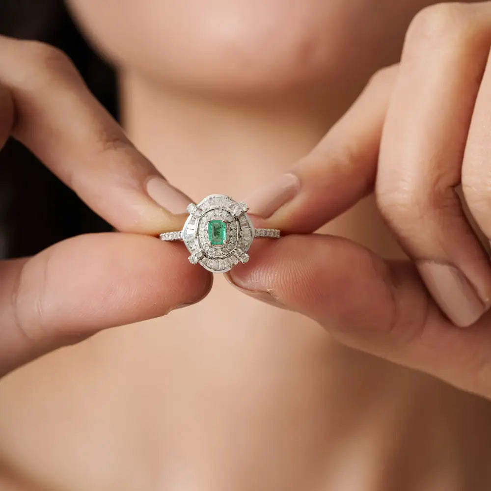 Art Deco Inspired Emerald & Diamond Statement Wedding Ring Solid K14 White Gold Jewelry
