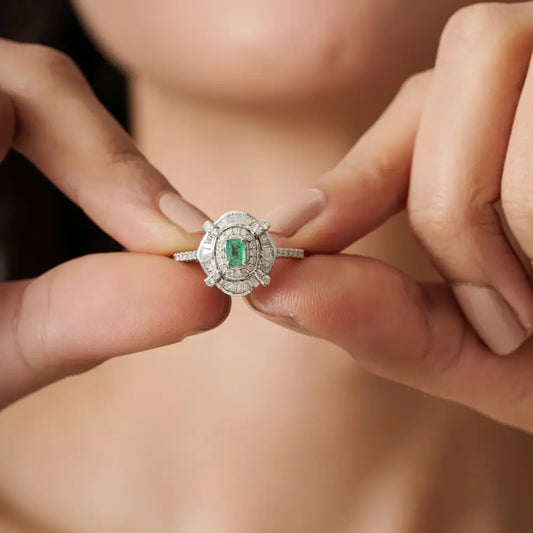 Art Deco Inspired Emerald & Diamond Statement Wedding Ring Solid K14 White Gold Jewelry