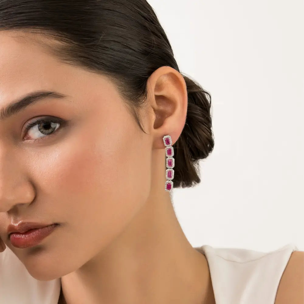 Luxurious Ruby & Diamond K14 Solid White Gold Halo Dangle Earrings For Women's Bold Jewelry