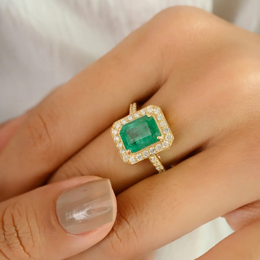 9x7mm Zambian Emerald & Diamond Pure 14K Yellow Gold Engagement Ring May Birthstone