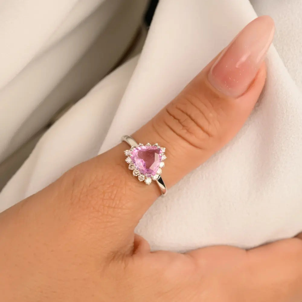 New Arrival 14K Solid White Gold Trillion Shape Pink Sapphire & Diamond Ring