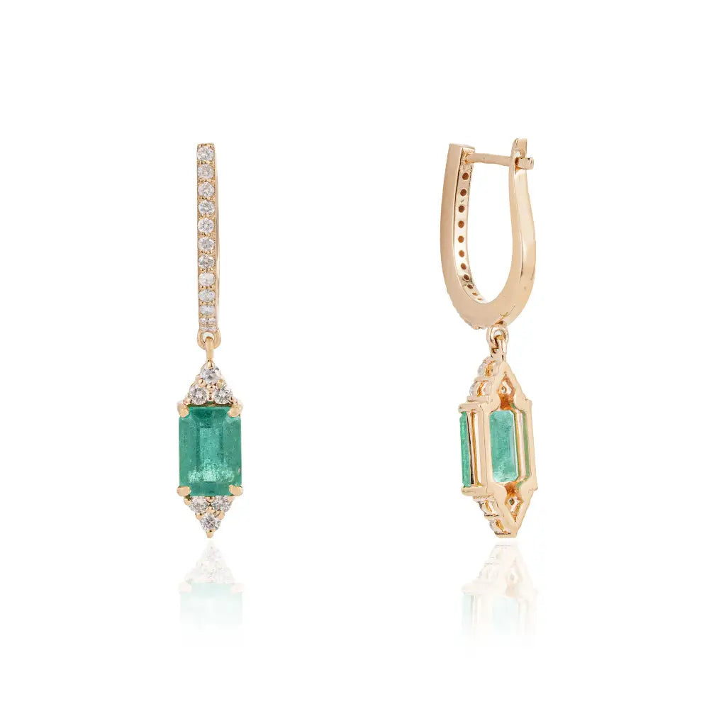 Elegant Design Solid K14 Yellow Gold Emerald & Diamond Hoop Drop Earrings For Women's