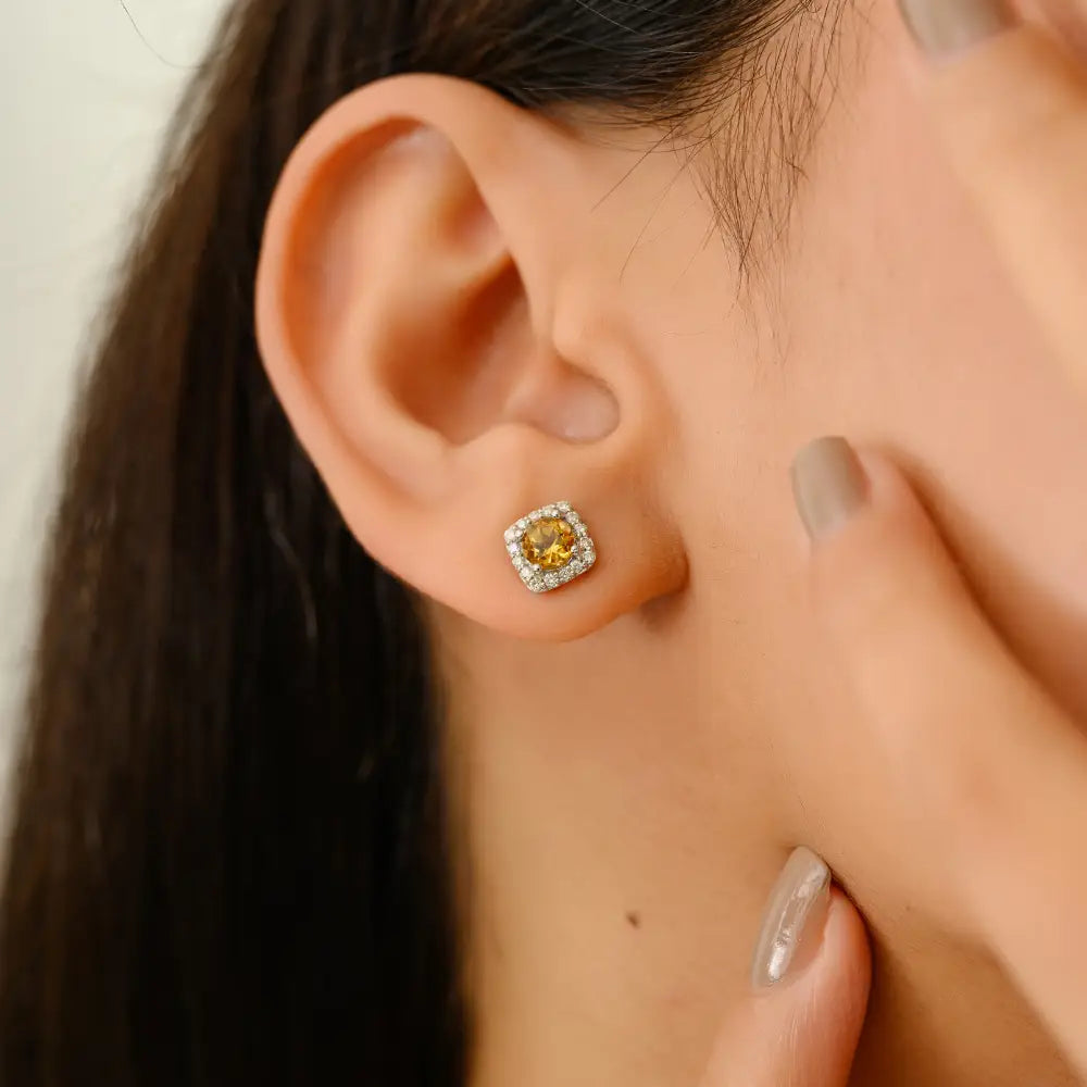 Minimal Design Citrine & Diamond Small Halo Stud Earrings Fine 14K White Gold Jewelry