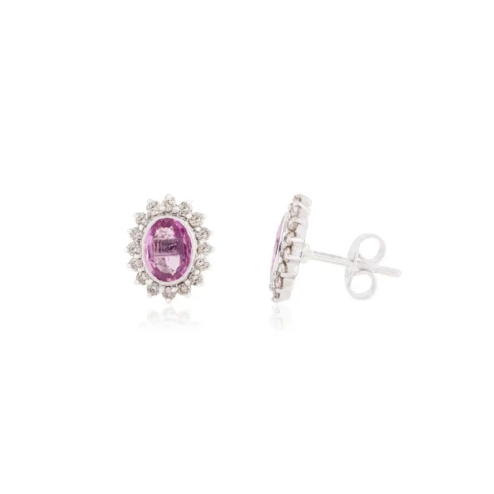 K14 White Gold Bezel Set Pink Sapphire & Diamond Cluster Halo Stud Earrings Handmade Jewelry