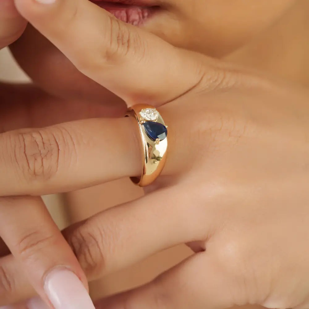 14K Yellow Gold Blue Sapphire & Diamond Toi et Moi Dome Ring Statement Jewelry Unisex