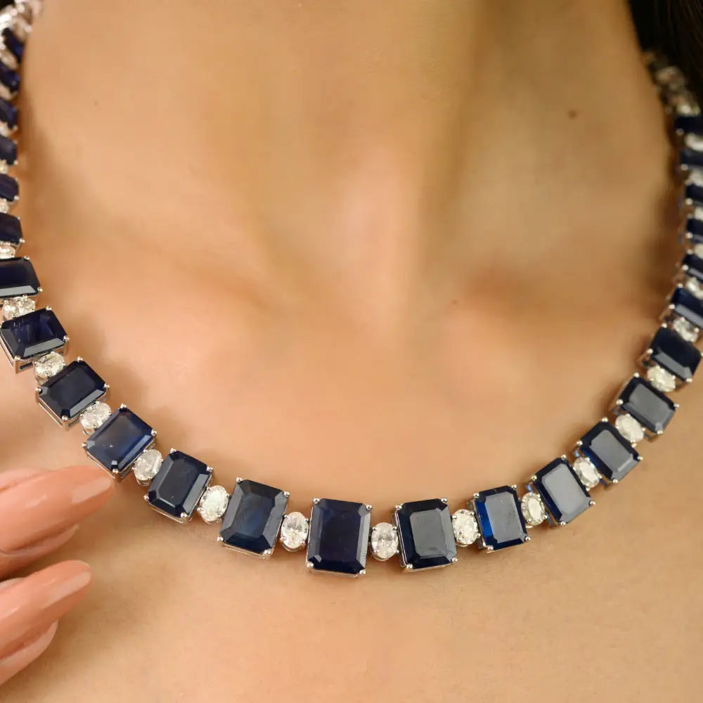 Octagon Shape Blue Sapphire & Oval Cut Diamond Statement Tennis Necklace 18K Solid Gold