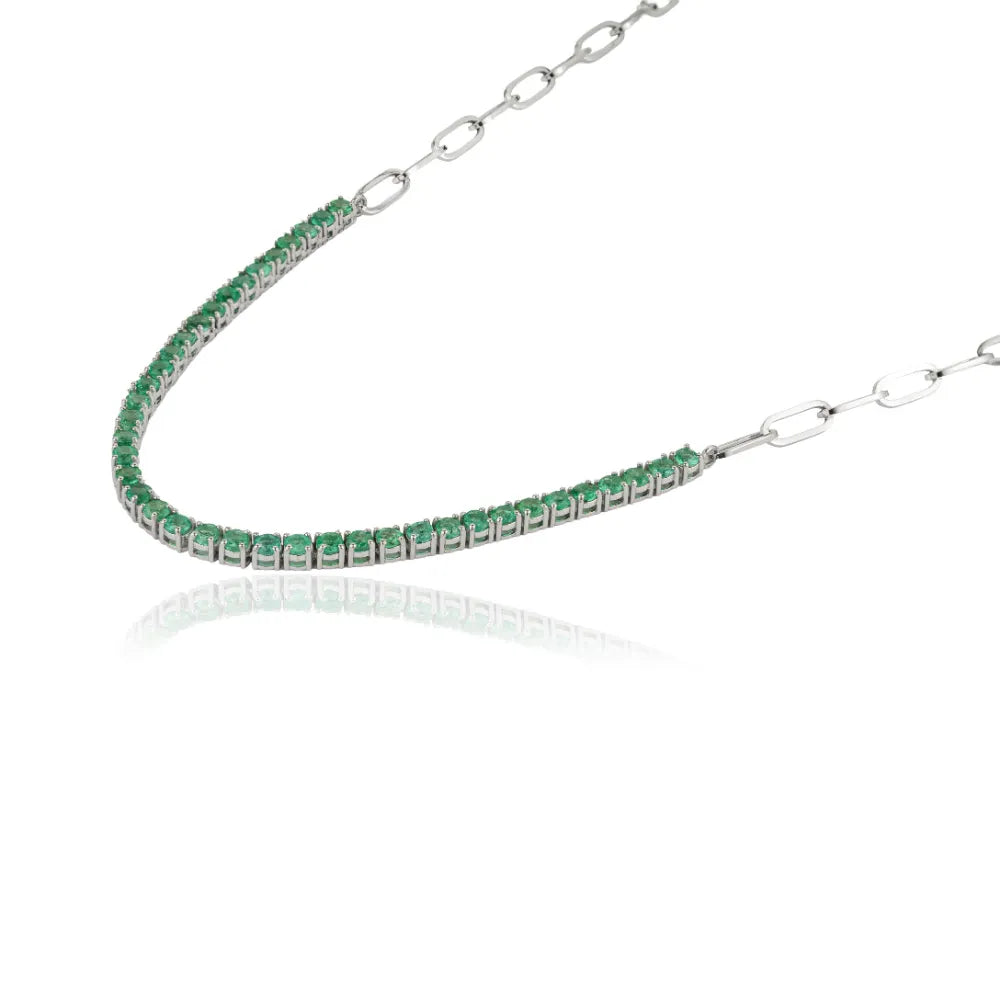 Zambian Emerald Round Cut Gemstone Half Paperclip Chain Tennis Necklace Stack Jewelry 14K White Gold