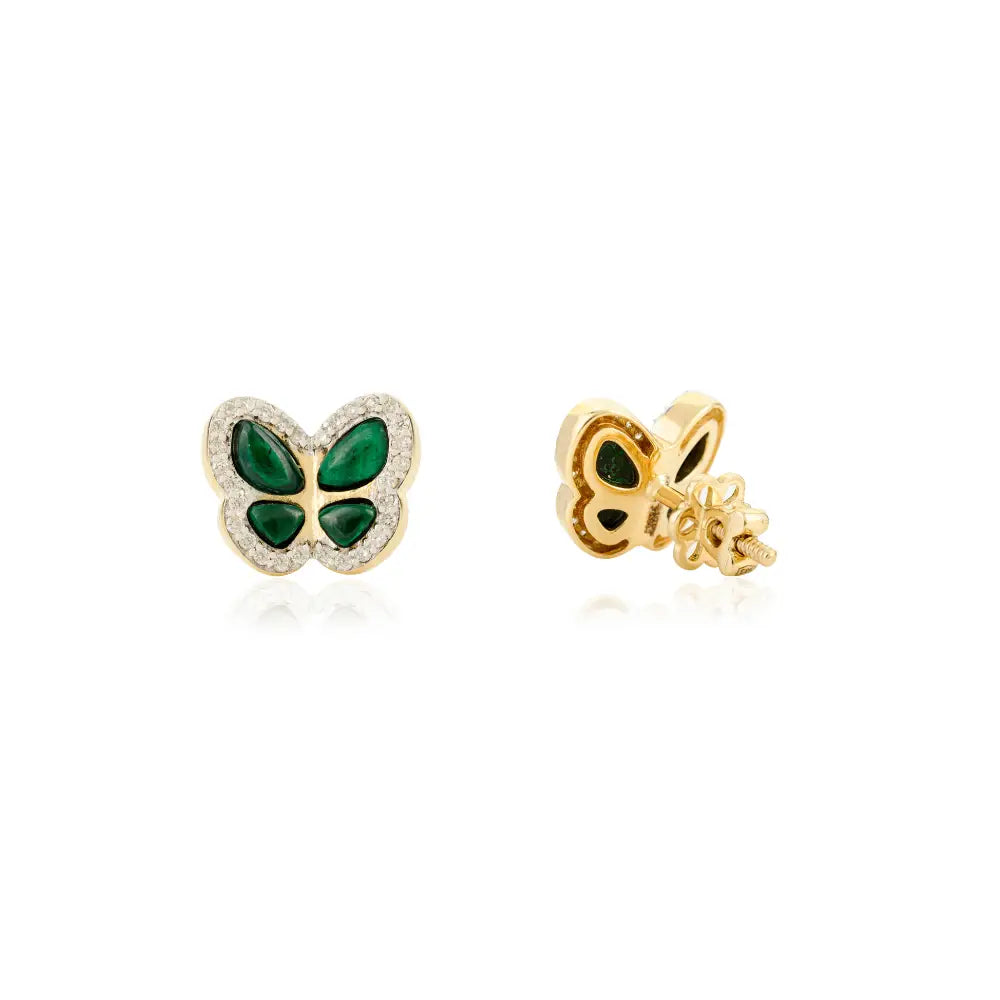 Fancy Shape Malachite & Round Diamond Unique Butterfly Stud Earrings For Women 14K Gold