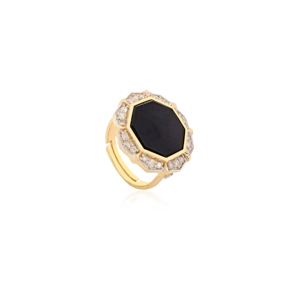 Luxurious Pasting Set Black Onyx & Diamond Cocktail Ring Handmade 14K Solid Gold Jewelry