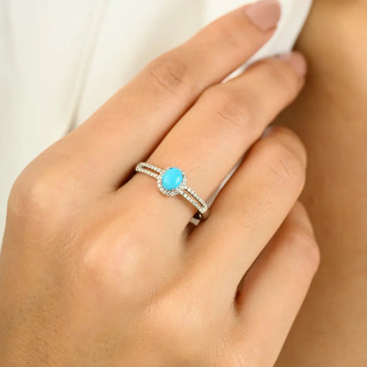 December Birthstone Turquoise & Diamond Halo Split Shank Ring Stacked 14K Gold Jewelry