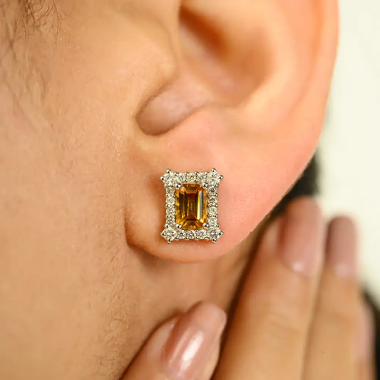 Natural Citrine & Diamond Push Back Halo Stud Earrings Real K14 White Gold Fine Jewelry