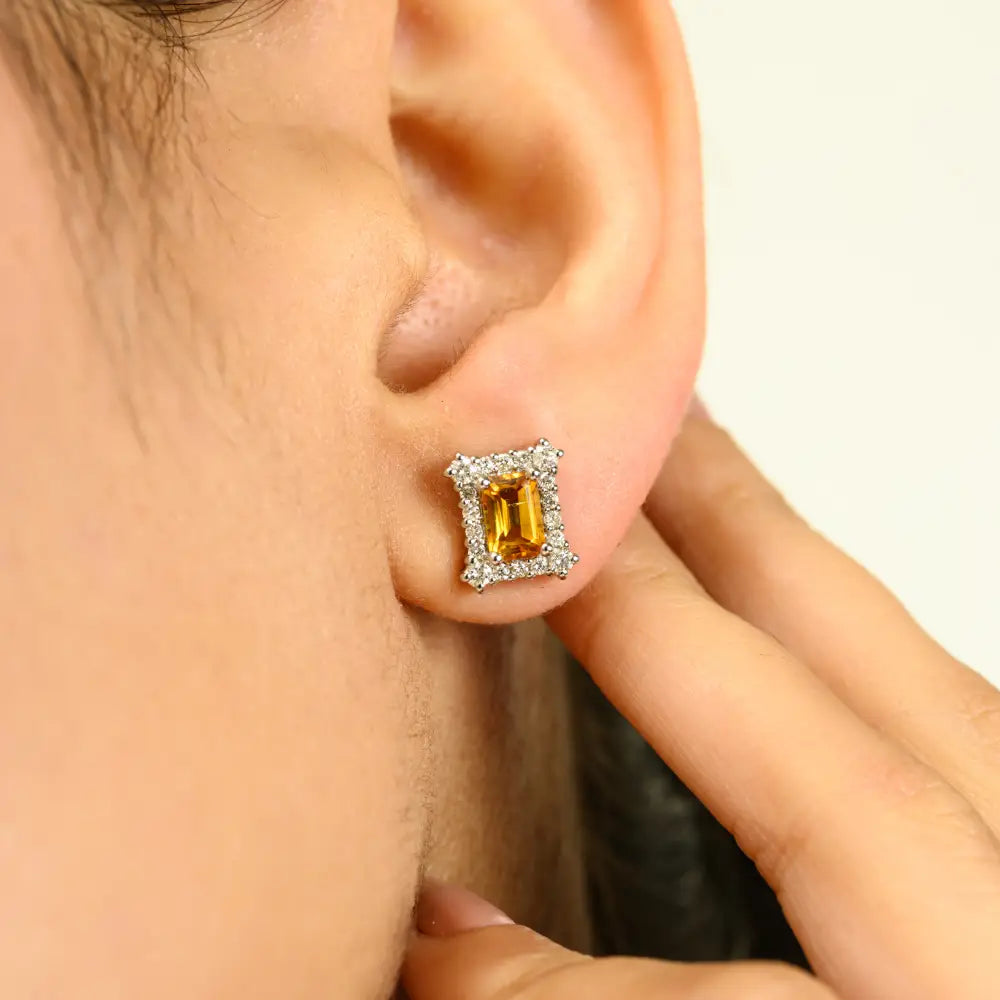 Natural Citrine & Diamond Push Back Halo Stud Earrings Real K14 White Gold Fine Jewelry