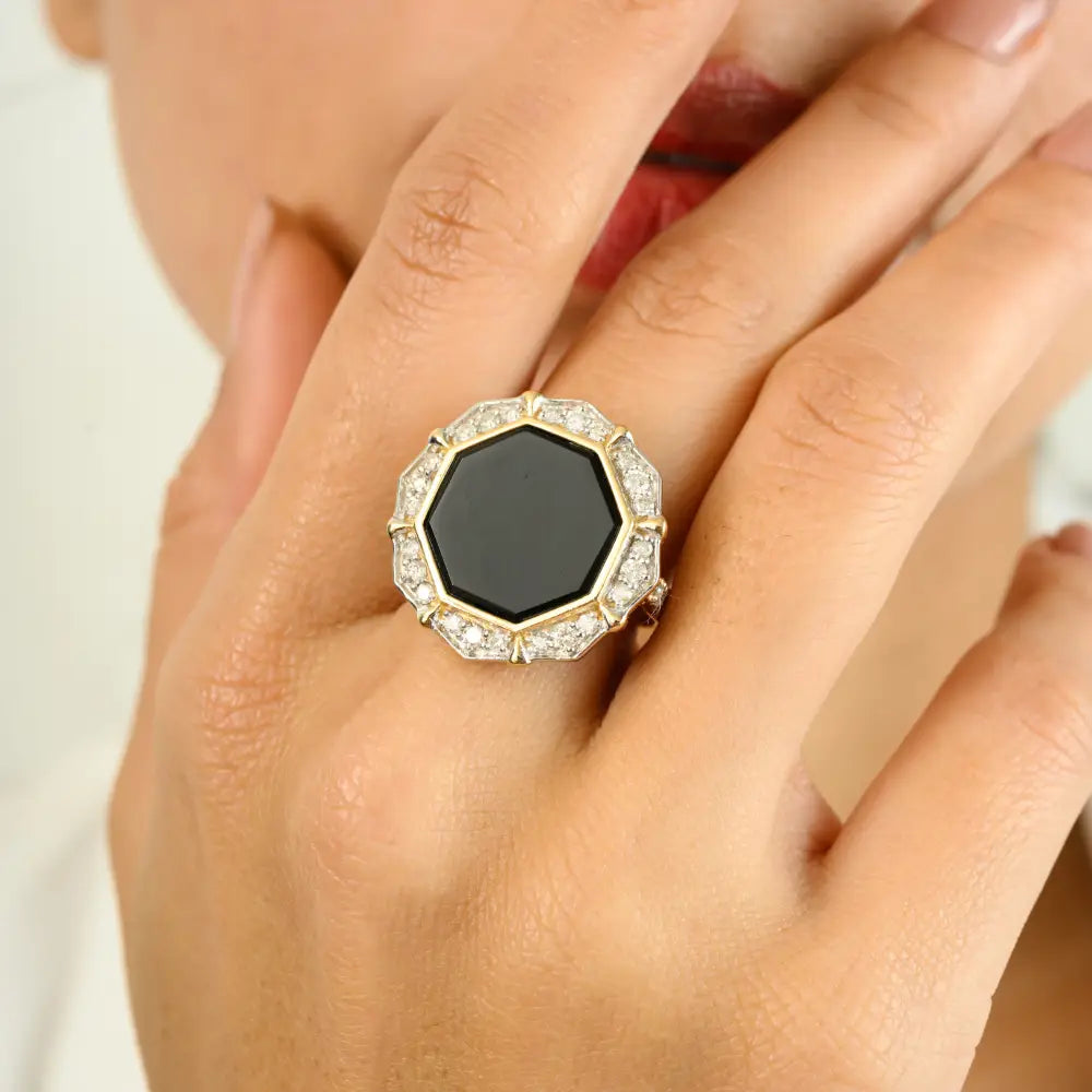 Luxurious Pasting Set Black Onyx & Diamond Cocktail Ring Handmade 14K Solid Gold Jewelry