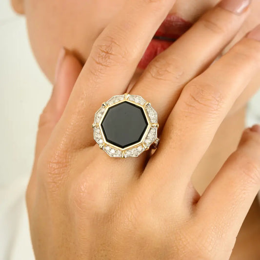 Luxurious Pasting Set Black Onyx & Diamond Cocktail Ring Handmade 14K Solid Gold Jewelry