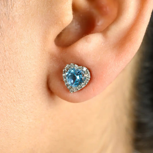 Luxurious Heart Shape Blue Topaz & Diamond Halo Stud Earrings Handmade K14 Gold Jewelry