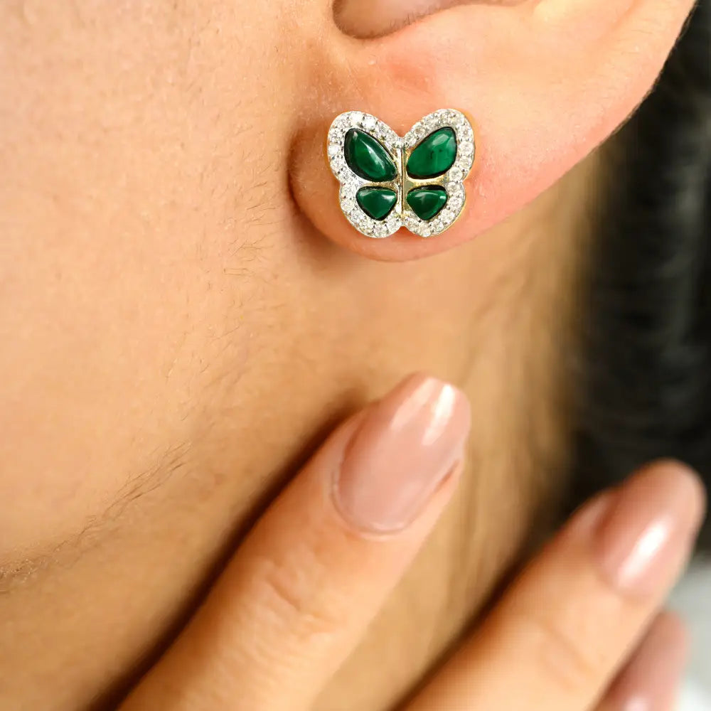 Fancy Shape Malachite & Round Diamond Unique Butterfly Stud Earrings For Women 14K Gold