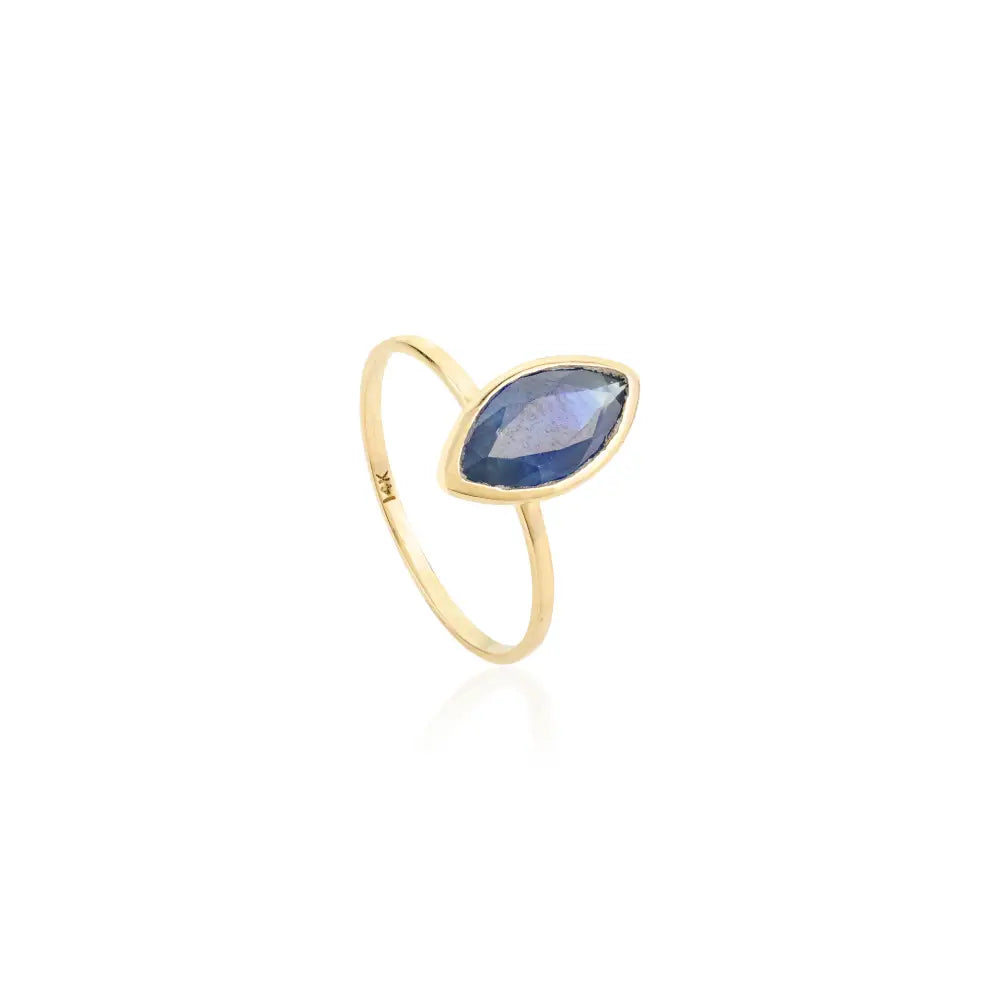Marquise Cur Gemstone Blue Sapphire 14K Solid Yellow Gold Single Stone Ring Simple Jewelry