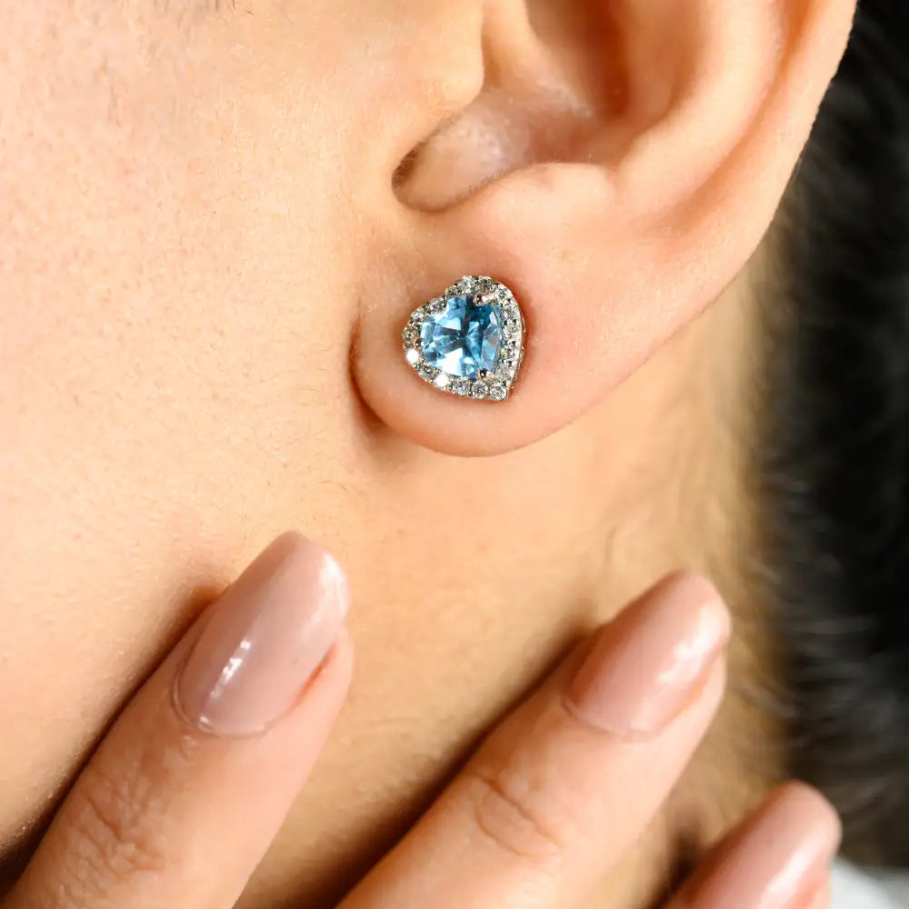 Luxurious Heart Shape Blue Topaz & Diamond Halo Stud Earrings Handmade K14 Gold Jewelry
