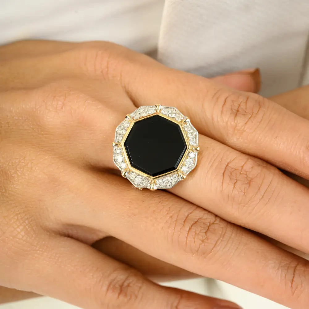 Luxurious Pasting Set Black Onyx & Diamond Cocktail Ring Handmade 14K Solid Gold Jewelry