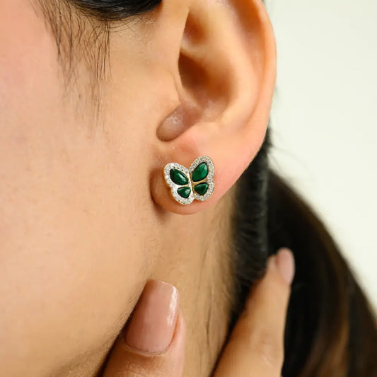 Fancy Shape Malachite & Round Diamond Unique Butterfly Stud Earrings For Women 14K Gold