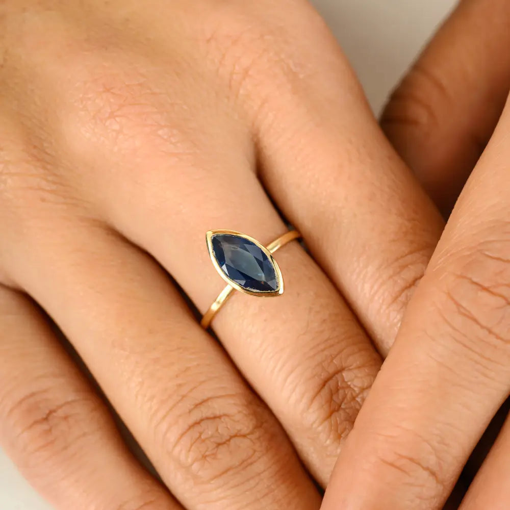 Marquise Cur Gemstone Blue Sapphire 14K Solid Yellow Gold Single Stone Ring Simple Jewelry