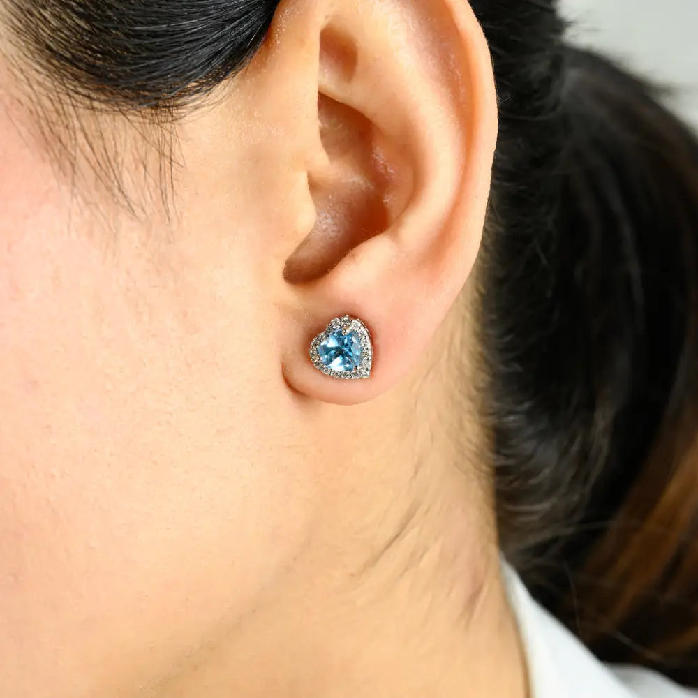 Luxurious Heart Shape Blue Topaz & Diamond Halo Stud Earrings Handmade K14 Gold Jewelry