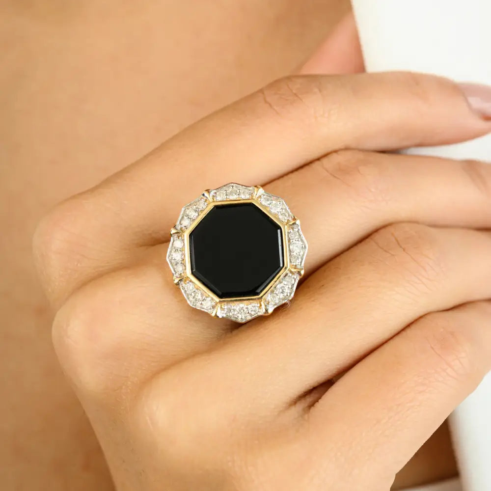 Luxurious Pasting Set Black Onyx & Diamond Cocktail Ring Handmade 14K Solid Gold Jewelry