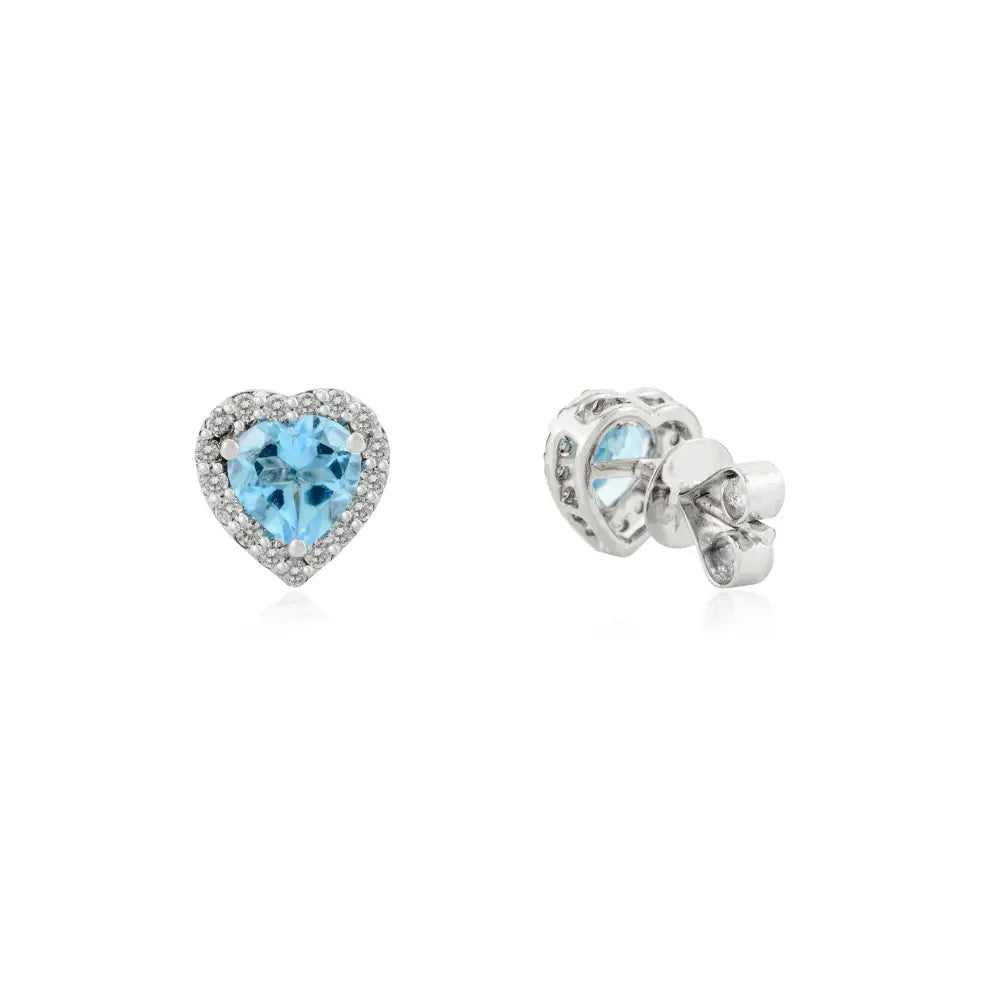 Luxurious Heart Shape Blue Topaz & Diamond Halo Stud Earrings Handmade K14 Gold Jewelry