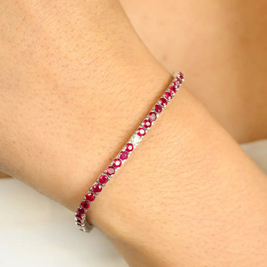 14K Solid White Gold Natural Ruby & Diamond Pave Setting Tennis Bracelet Stackable Jewelry